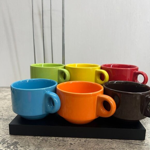 Pier 1 Imports Ceramic Stackable Coffee Mug Set of 6 Multicolor with Stand - Picture 2 of 12